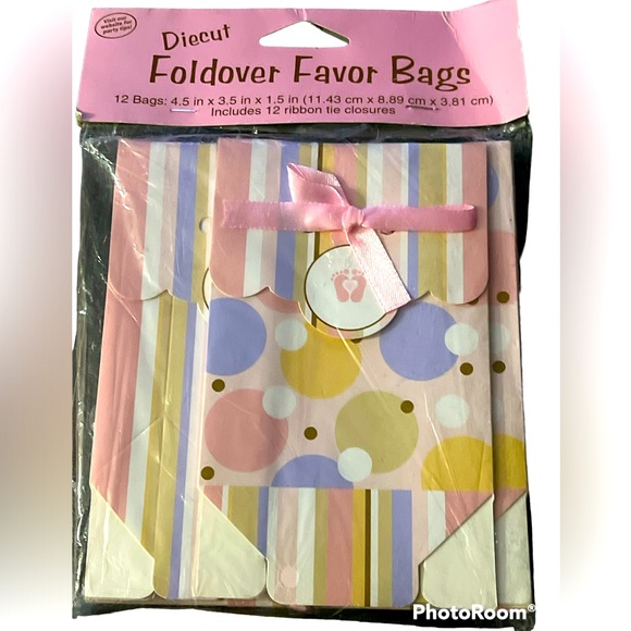 12~Favor Bags w/Ribbon Tiny Toes Girl 3" x 4" x 2" Baby Shower Favor Bags - Picture 2 of 3